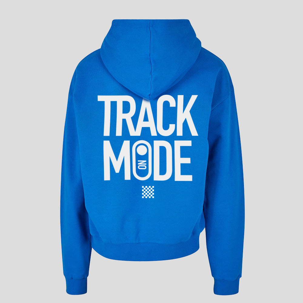 Blue hoodie with 'TRACK MODE' text on the back against a gray background