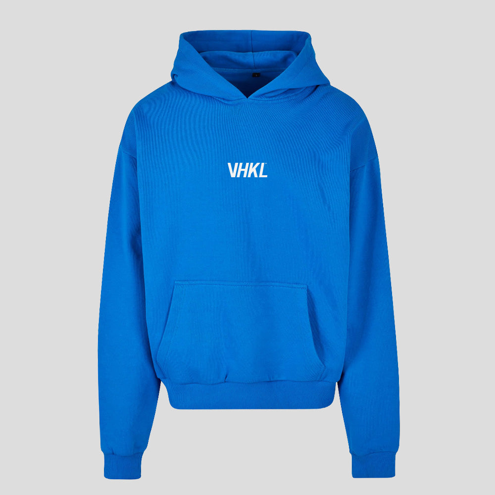 Blue hoodie with 'VHKL' logo on a gray background