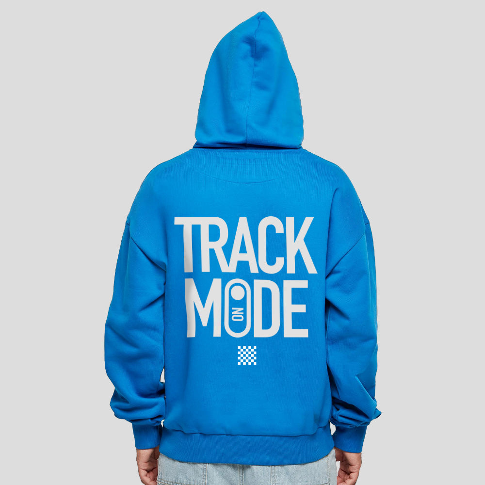 Blue hoodie with 'Track Mode' text on the back against a gray background